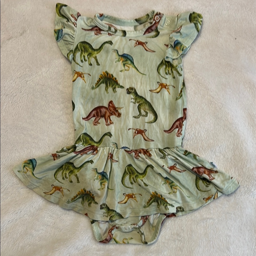 Posh Peanut Dinosaur 6-12 month Short Sleeve Bodysuit Twirl Dress in Buddy print